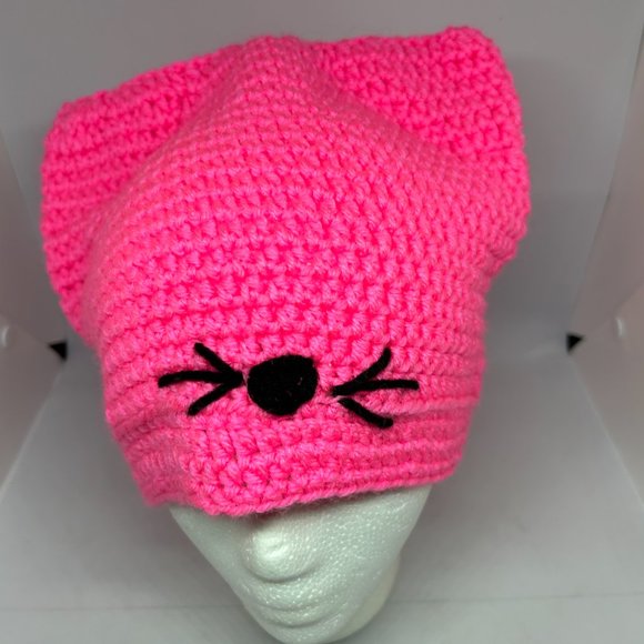 Handmade Crochet‎ Bright Pink Knit Cap w/Black Accent - Picture 3 of 8